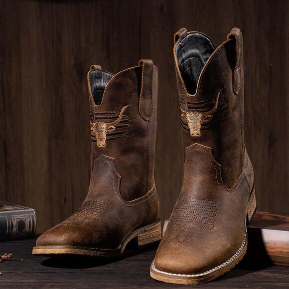 Men\'s Coffee Toe Western Boots Vegan/genuine Leather With Classic Patriot main image 2